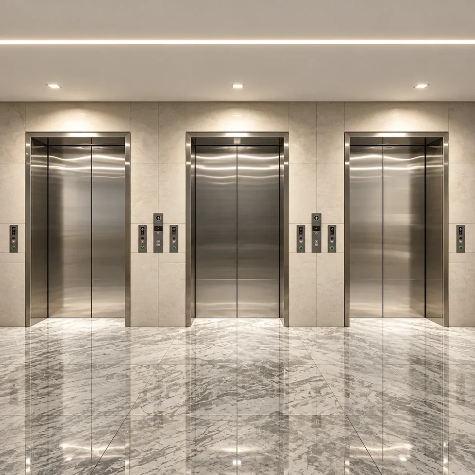 An elevator lobby with three brushed-steel lift doors in a cream marble wall above a polished grey marble floor