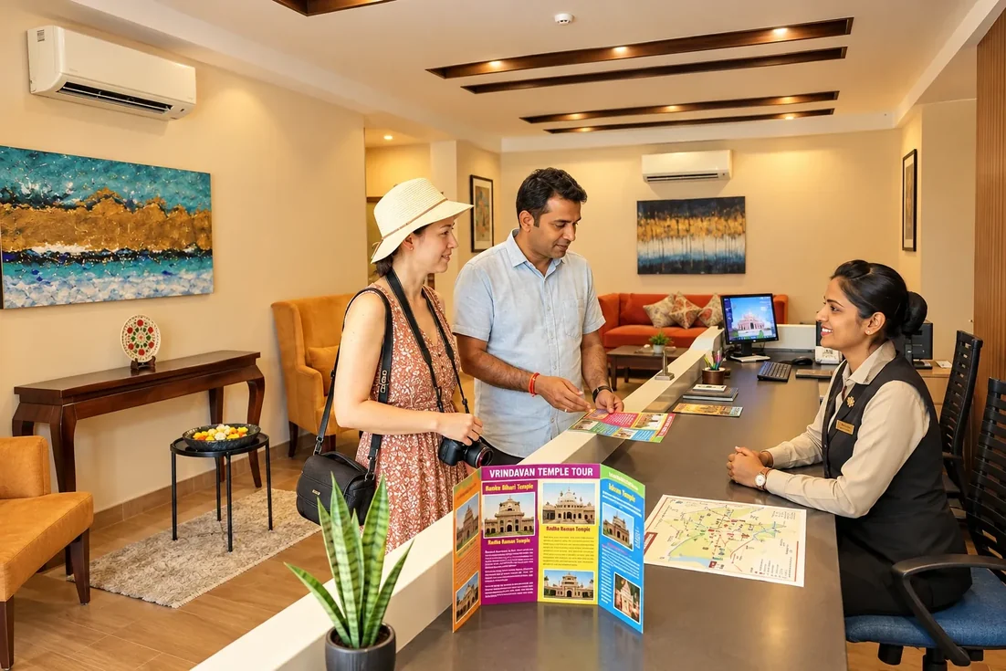 Two guests at the reception desk being shown a Vrindavan temple tour leaflet and a map by a smiling member of staff