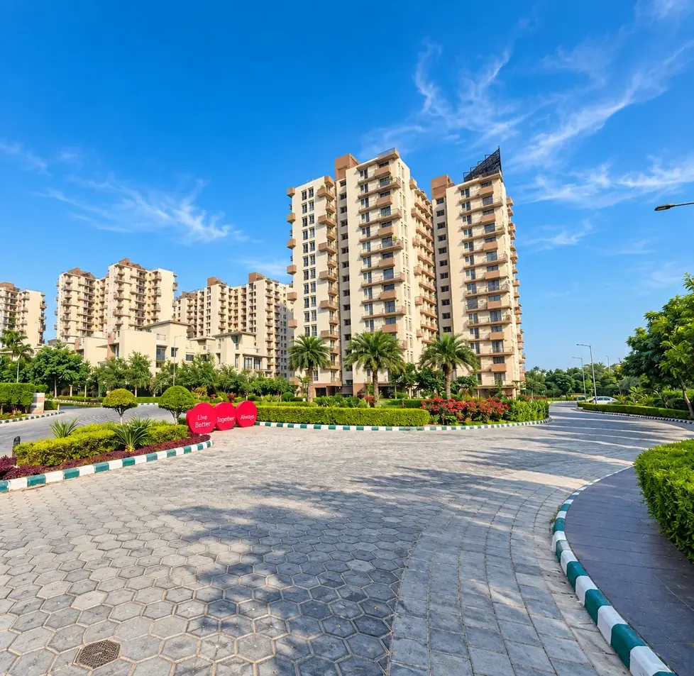 A wide paved driveway curving past clipped hedges and palms towards the cream apartment towers of Krishna Bhumi under a blue sky