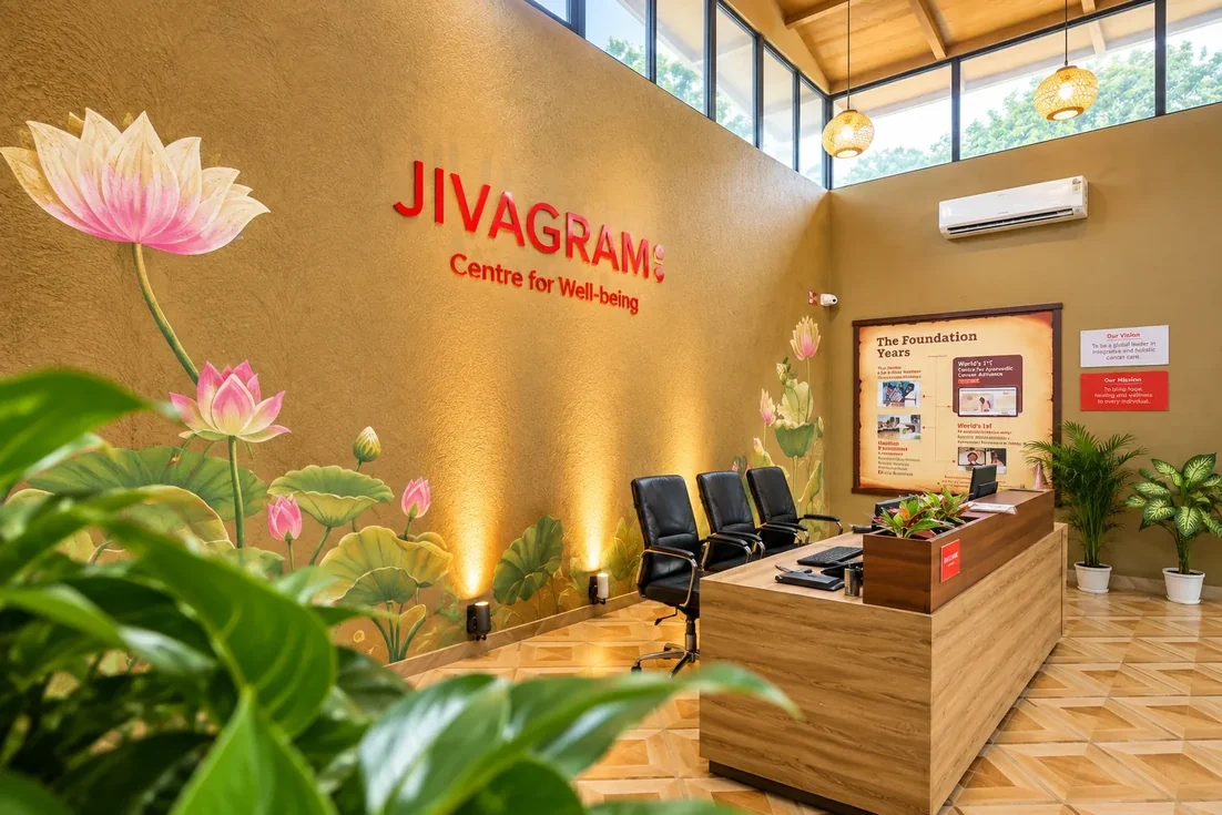 The Jivagram reception: a red &ldquo;Centre for Well-being&rdquo; sign on a gold wall painted with lotuses, beside the front desk