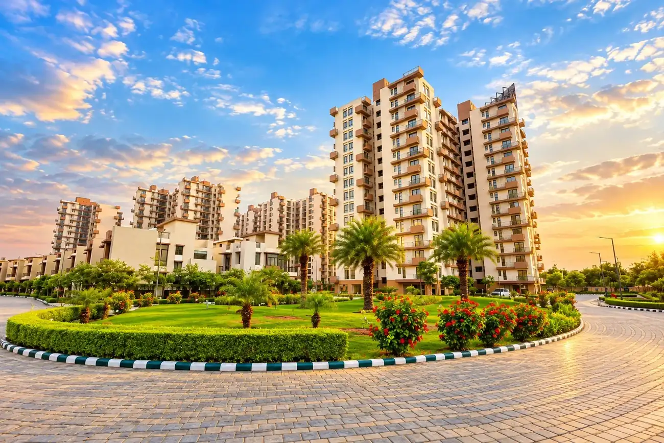 Apartment towers at Krishna Bhumi at sunset, above a landscaped roundabout of palms and flowering shrubs