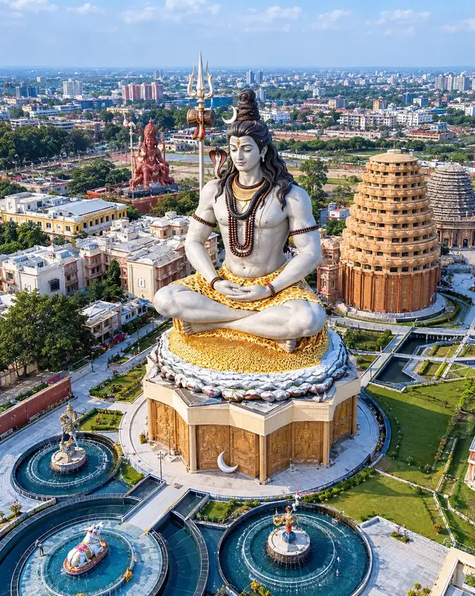 Chaar Dham Temple, Vrindavan, from the air: a giant seated Shiva in meditation with trident and drum on a lotus pedestal above a carved octagonal shrine, ringed by fountains, with a tiered temple tower and the town beyond