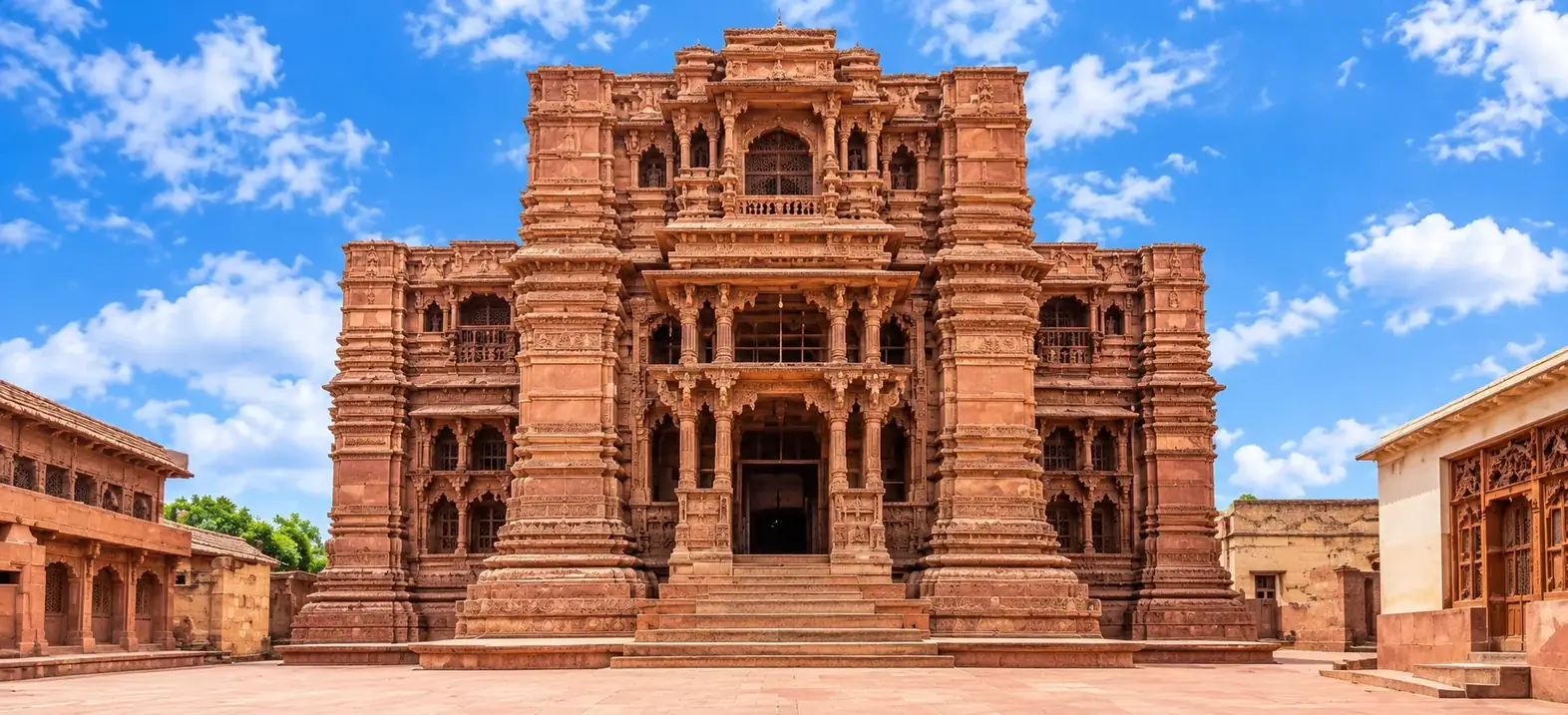 Govind Dev Temple, Vrindavan: the red sandstone facade with its tiered carved storeys and central arched entrance above a flight of steps