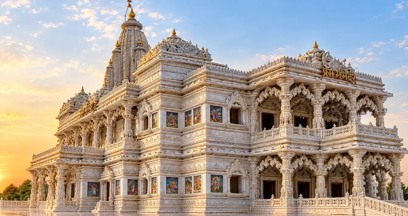 A white marble temple with a carved spire, two storeys of arched balconies and painted panels along the base, lit by a low sun