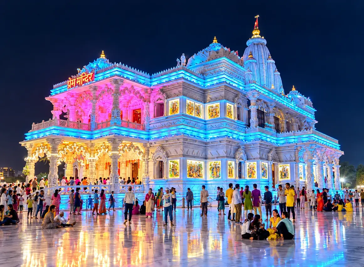 Prem Mandir, Vrindavan, at night: the white marble temple lit in blue, pink and gold, its carved spire and painted panels glowing above a marble forecourt full of visitors, the temple&rsquo;s name in Hindi on the facade
