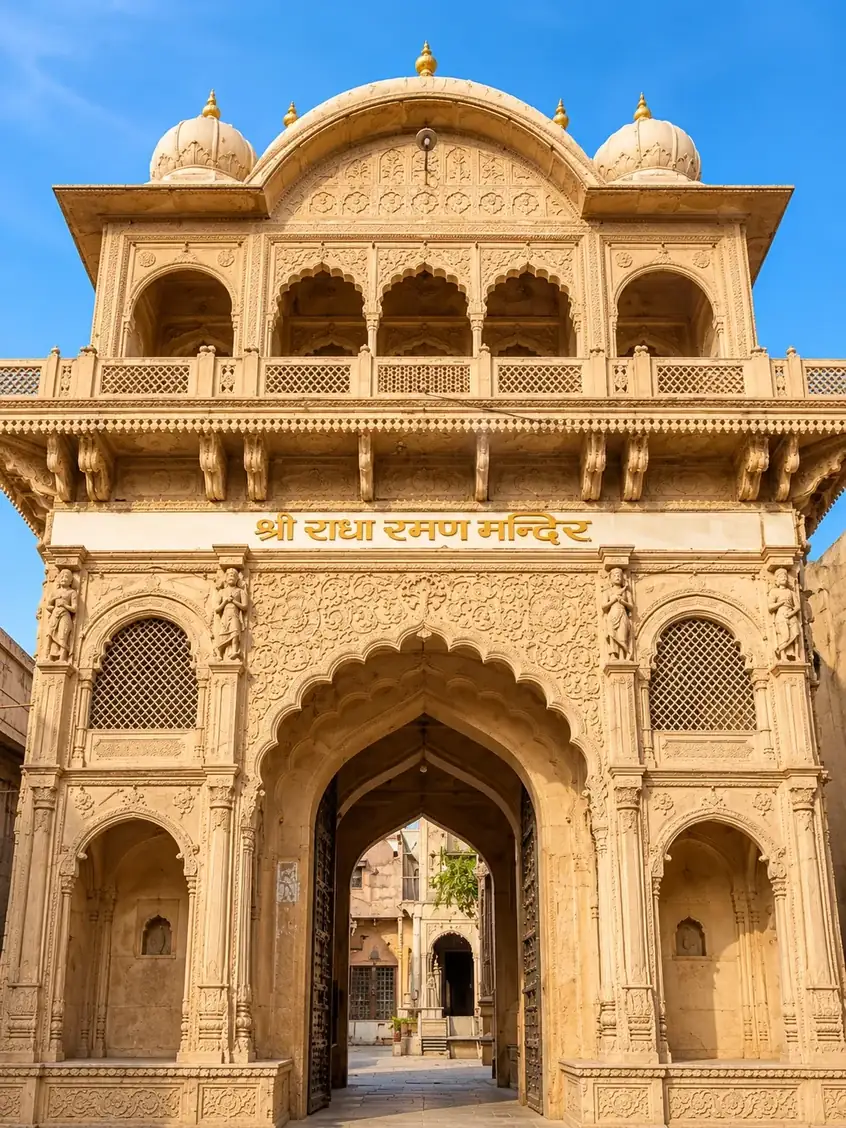 The sandstone gateway of Shri Radha Raman Temple, Vrindavan: carved arches and jali balconies under three domes with gold finials, the temple&rsquo;s name in Hindi on a white band above the entrance