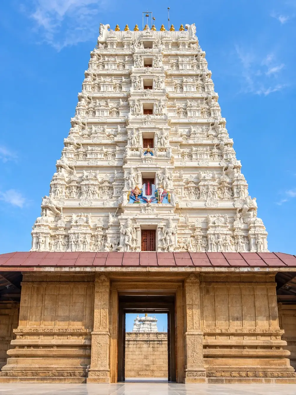 Shri Rangaji Mandir, Vrindavan: the white seven-tiered gopuram crowded with carved figures, crowned with gold finials, above the sandstone gateway